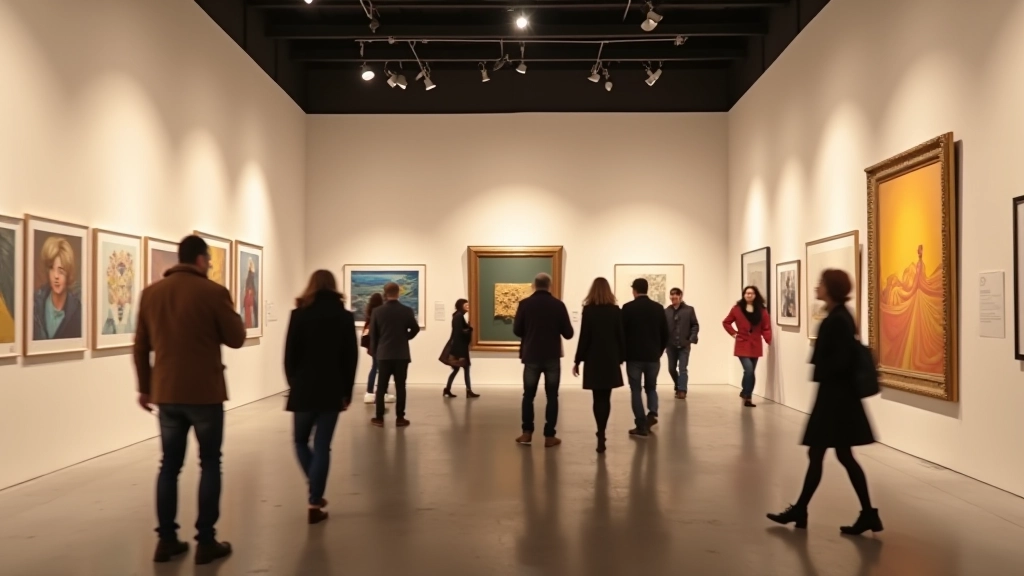 Visitatori che osservano installazioni d'arte contemporanea in uno spazio pubblico milanese, atmosfera serale con illuminazione artistica
