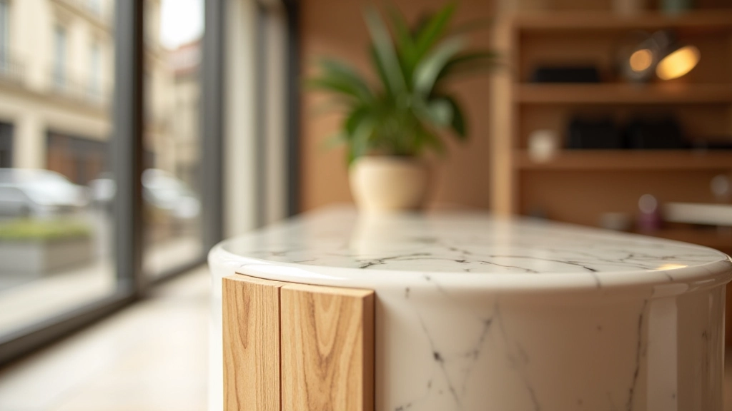 Dettaglio di materiali sostenibili in showroom: legno naturale, pietra e vetro in un ambiente luminoso e minimalista