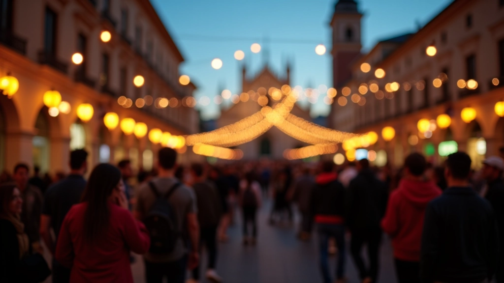 Folla di persone in una piazza durante un evento culturale serale con luci e decorazioni