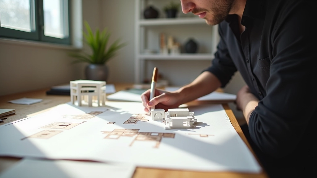 Designer che lavora al progetto di installazione con modellino e schizzi su tavolo di lavoro